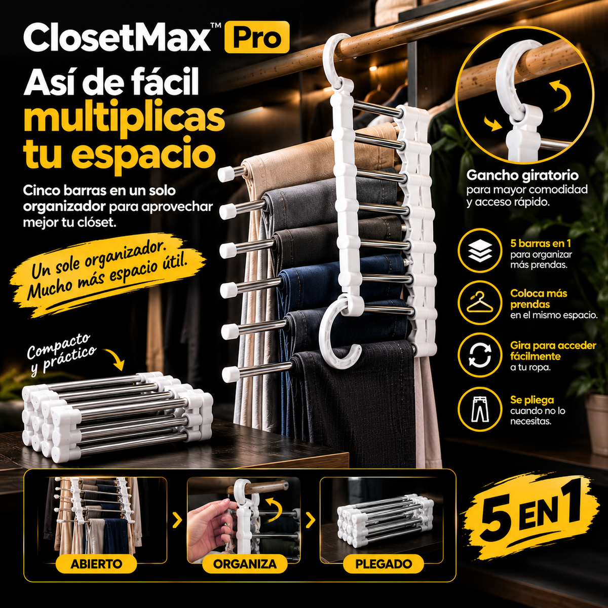 ClosetMax™ Pro - Perchero Organizador 5 en 1 Ahorra Espacio