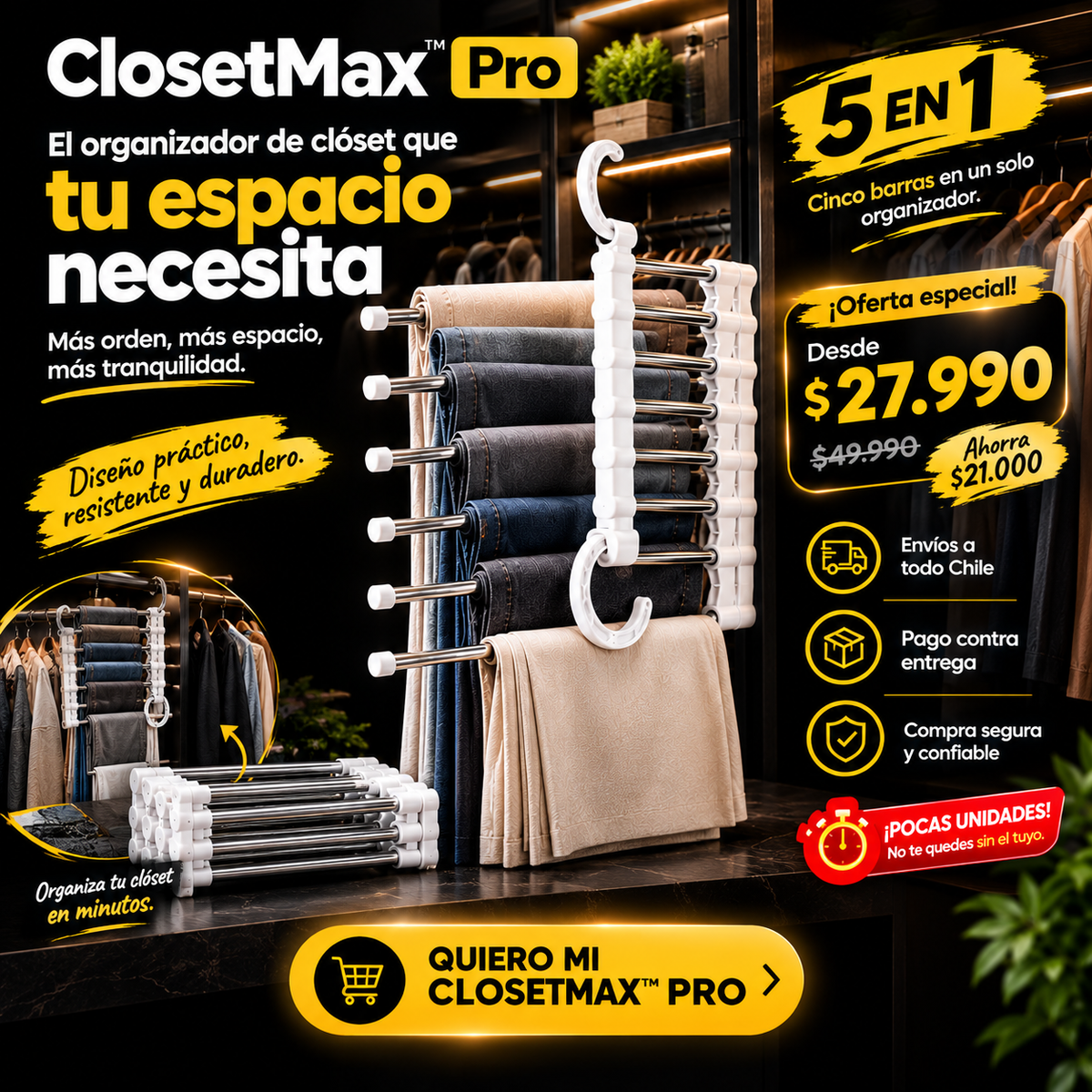ClosetMax™ Pro - Perchero Organizador 5 en 1 Ahorra Espacio